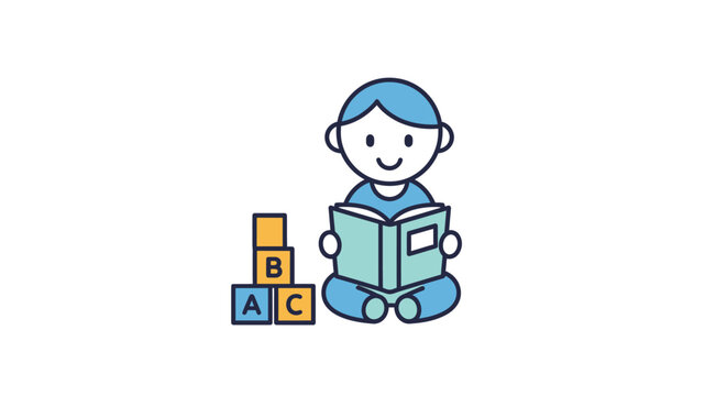Smiling child with book and blocks.