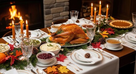 Fototapeta premium A beautifully set Thanksgiving table with a roasted turkey, mashed potatoes, stuffing, and other traditional dishes, accompanied by candles and a cozy fireplace in the background.