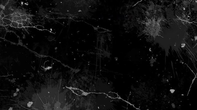 4K Cinematic dark grunge texture overlay featuring messy white paint splatters, thick cracked veins, and scattered debris on a black background for VFX compositing.