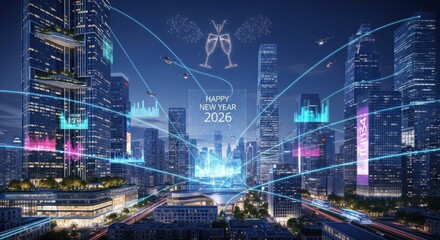 Fototapeta premium A futuristic cityscape with glowing lights and a digital network connecting buildings.