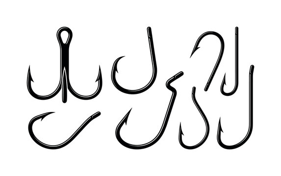 Fishing hooks various sizes curved shapes, treble hook triple prong form, circle hook rounded bend design, barbed hook sharp tip