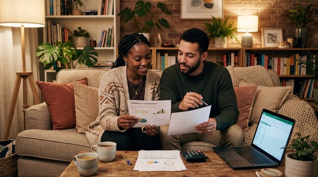 Smiling African American couple reviewing financial plan and budget at home. Happy man and woman managing money with laptop and calculator in cozy living room
