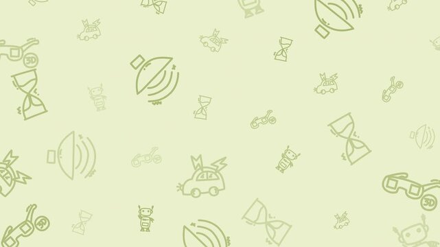 Seamless looping futuristic technology background with doodle icons of robot, smart glasses, electric car and digital symbols. Great for AI, innovation and future tech visuals.