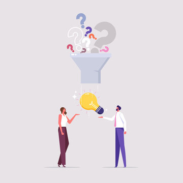 Mobilizing diverse problems and filtering them into ideas to solve or develop the business, business team with funnel or filter to get solution from question mark
