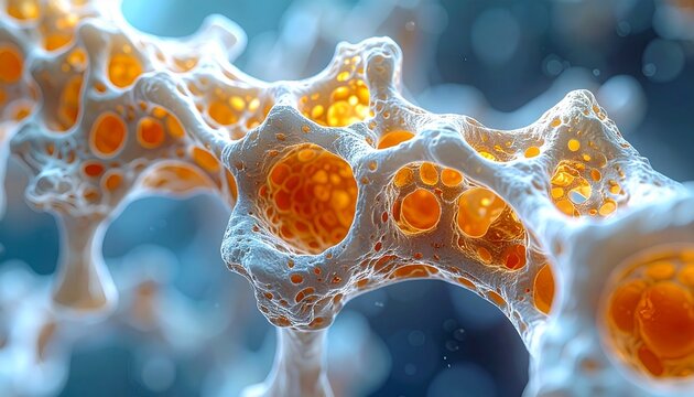 3D medical illustration of spongy bone microstructure with osteocyte cells in blue background