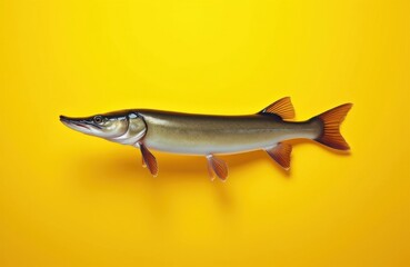 Naklejka premium Pike fish on yellow background. A single pike fish with greenish body and orange tail fins is isolated on a bright yellow background.