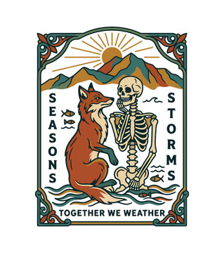 A stylized graphic art illustration featuring a fox and a skeleton sitting in water with mountains and sun in the background vintage retro t shirt design