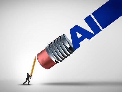 Fighting AI as artificial intelligence taking over with a human who fights back machine learning as a Technology concept and Robot or Robotic Automation Replacing Humans as traditional Job Loss as emp