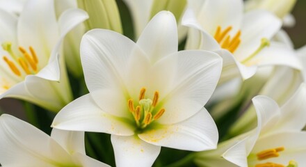 Obraz premium White lilies with yellow stamens in a bouquet.