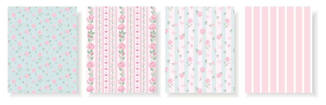 Pastel floral and stripe pattern set featuring four panels with delicate pink roses, green leaves, bows and vertical stripes. Soft palette perfect for stationery, gift wrap, textiles, scrapbooking.