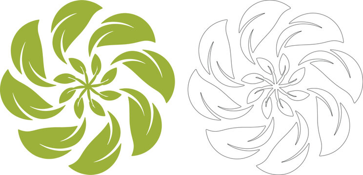 Green leaf swirl mandala and outline