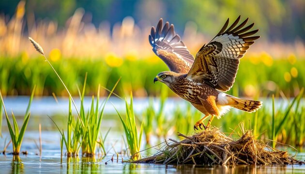 Marsh harrier in flight carrying nesting material over wetland reeds at golden hour