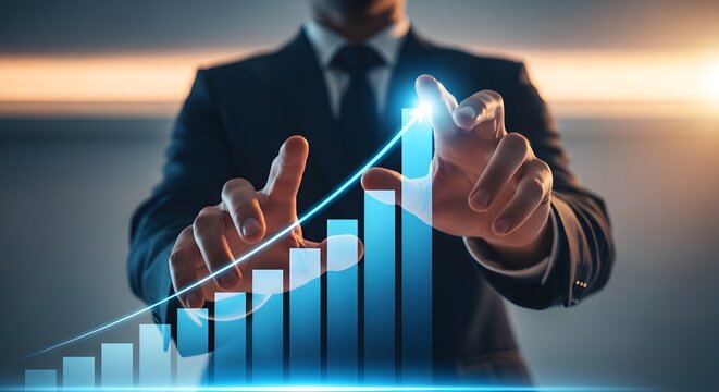 Businessman touching a glowing virtual rising bar chart and arrow