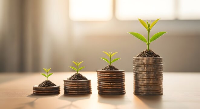 Green plants growing on increasing stacks of coins