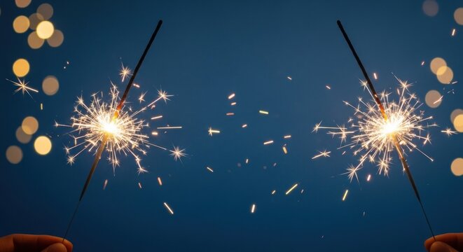 Two sparklers against a dark blue background with bokeh lights.