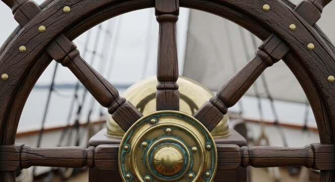 Wooden ship steering wheel stands prominently on the deck of a historic vessel.