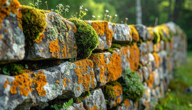 Ancient moss-covered stone wall with lichen growth in natural sunlight