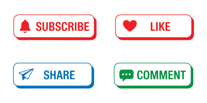 Set of colored social media call to action buttons like subscribe like share and comment.