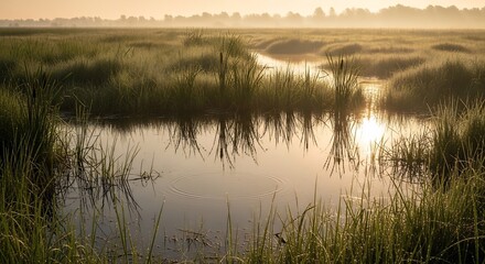 Fototapeta premium Serene Marshland at Sunrise with Golden Light Reflecting on Water.