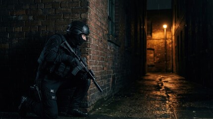 Obraz premium Soldier in tactical gear crouching at brick wall corner of dark city alley. Armed man on stealth mission at night. Military operation, security, police special unit, armed guard patrolling urban area