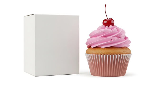 A pink frosted cupcake with sprinkles and a cherry on top sits next to a blank white box, ideal for food packaging mockups and sweet treat promotions
