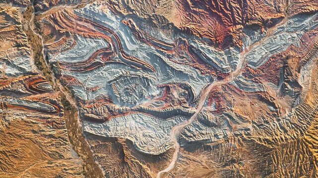 Panoramic shot on folded rocks with visible colorful layers . Camera is zooming in, rotating counterclockwise. Animation based on image by NASA