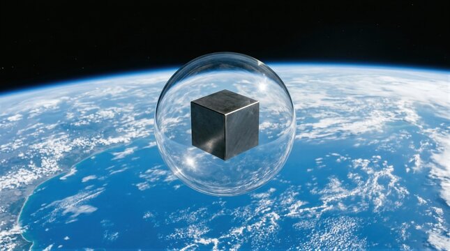 Metal cube inside glass sphere floating above Earth. Abstract representation of data storage or satellite technology in orbit. Futuristic concept of space exploration and cosmic innovation