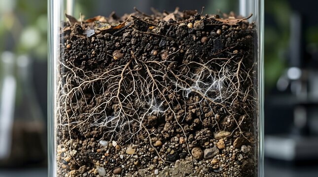 Soil layers with roots and mycelium in glass container, Earth Day