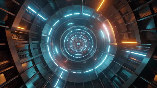 Futuristic tunnel descent with neon lights and metallic textures abstract background