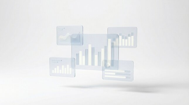 Futuristic transparent data dashboards with charts and graphs floating