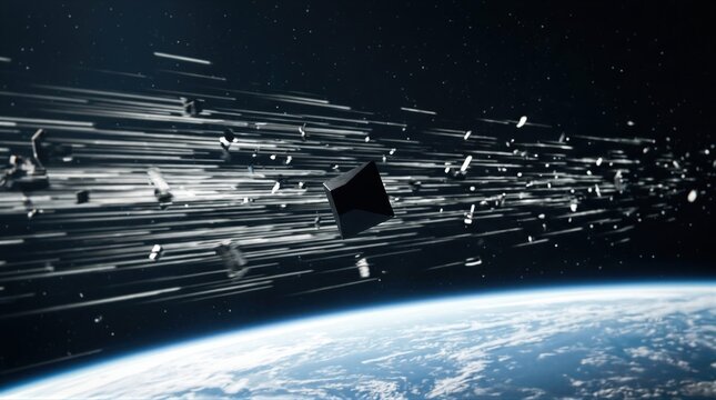 Black cube accelerating through deep space above Earth. Motion blur of debris showing high speed travel. Futuristic science fiction concept of alien object breaking gravity orbit in the galaxy
