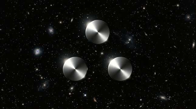 Three metallic spheres floating in outer space. Futuristic abstract concept with silver circles against deep starry sky background
