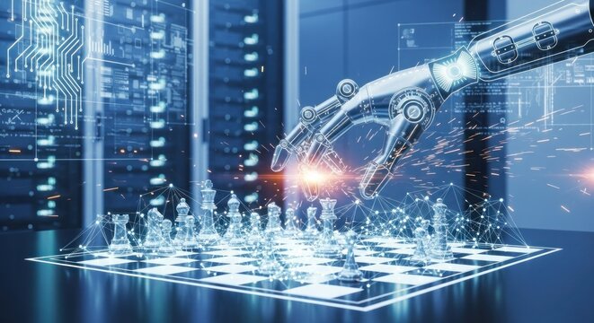 A robot hand playing chess on a digital chessboard with a futuristic cityscape in the background.