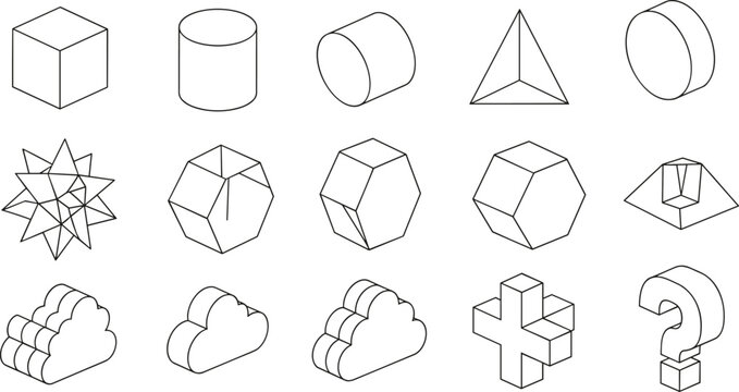 Collection of fifteen isometric outline illustrations of geometric shapes and abstract forms, including cubes, cylinders, pyramids, clouds, and a question mark, for design and education.