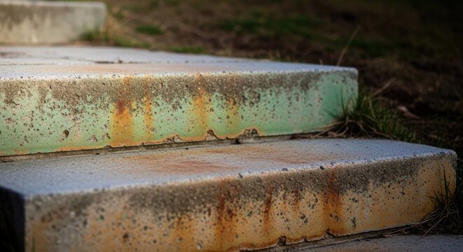 Close-up of weathered concrete steps with peeling paint and rust textures