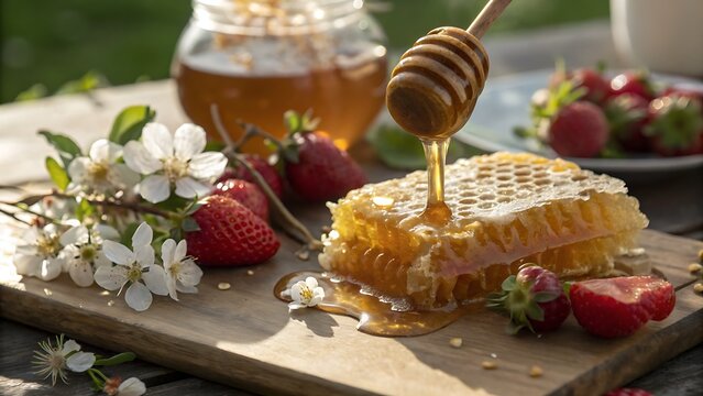 Close-up of dripping honeycomb with fresh strawberries and blossoms on a wooden board