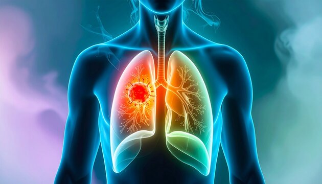 Digital medical illustration of human lungs showing bronchial tree, highlighted abnormal red-orange area, trachea connection, respiratory disease visualization.