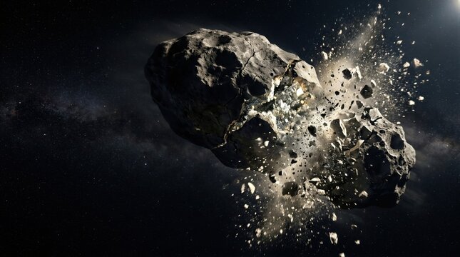 Asteroid shattering into pieces in deep space. Large meteorite explosion with debris and dust. Cosmic impact, collision and destruction in the solar
