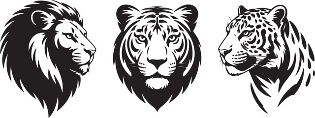 Obraz premium Stylized black and white big cat illustrations feature majestic lion, tiger, and leopard heads alongside powerful panther silhouettes in various dynamic poses 