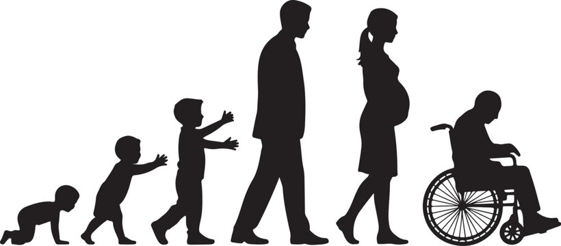 Set of black silhouettes showing human life cycle stages from a crawling baby and playing child to a businessman pregnant woman and elderly in wheelchair.