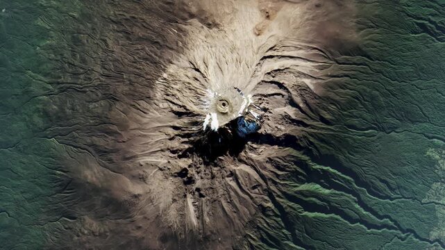 Top view on Kilimanjaro volcano surrounded by jungles. Camera is zooming in, rotating counterclockwise. Animation based on image by NASA