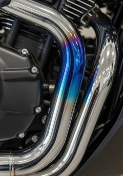 Chrome exhaust pipes on a motorcycle engine display heat-tinted blue and purple colors.