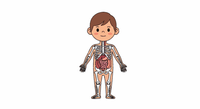 Cute Cartoon Child Anatomy Illustration with Skeleton and Organs.