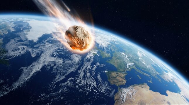 Asteroid entering Earth atmosphere. Burning meteor falling towards the planet. Cosmic disaster and extinction event