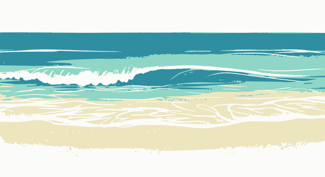 Minimalist beach landscape vector illustration, teal ocean waves and sandy shore in flat design. Coastal seascape background with horizon, serene summer vacation banner