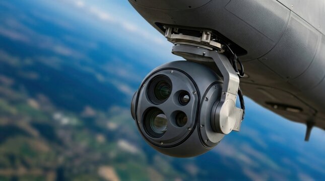 Optical sensor mounted on military aircraft under flight. High resolution surveillance camera for aerial reconnaissance mission