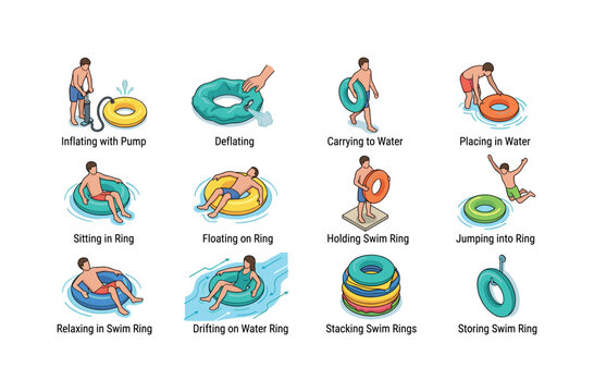 Inflating swim ring with pump, deflating swim ring, carrying swim ring to water, placing swim ring in water, sitting in swim ring,