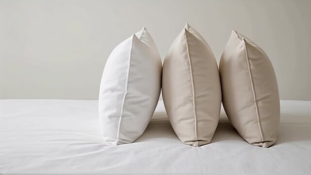AI video pillow Premium stock product video of pillows on a clean bed, smooth camera slide reveals an extra pillow with no cuts set on white bed, third pillow enters the frame. High quality 4k footage