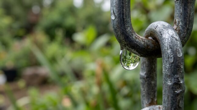 Water droplet hanging from metal chain link, Earth Day