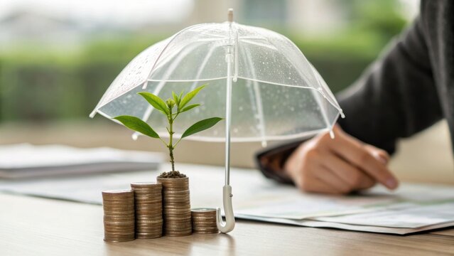 A person protects a growing plant on stacked coins with a transparent umbrella, symbolizing financial growth, investment protection, and sustainability.